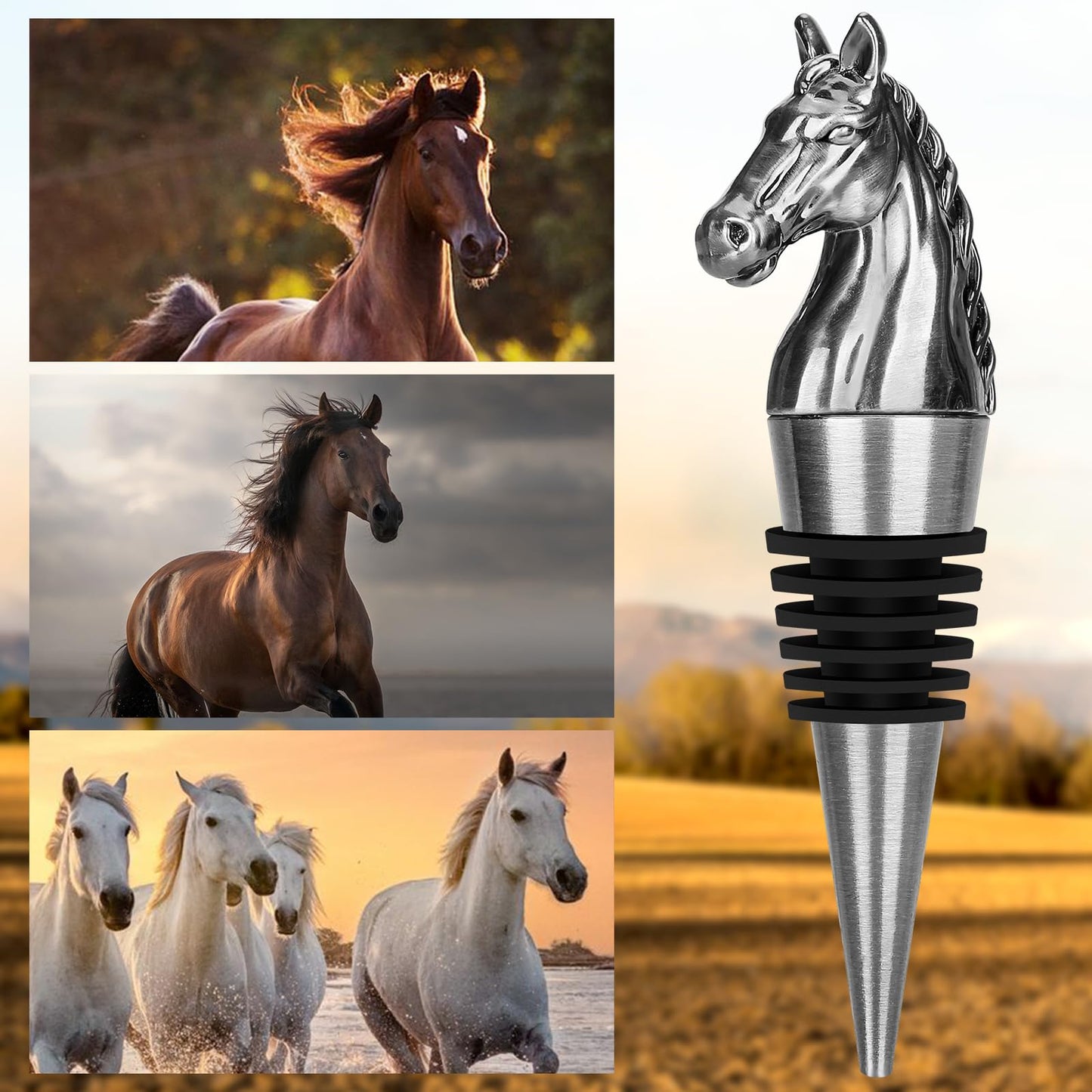 LULLEA Horse Head Wine Stopper, Horse Wine Gifts Birthday Gifts for Men Women, Bottle Stoppers for Wine Champagne, Dark Silver with Gift Box