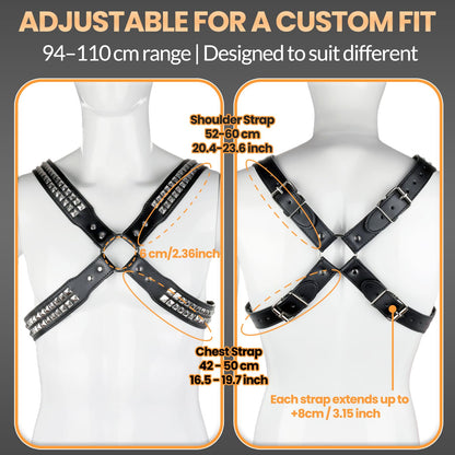 Men's X-Strap Chest Harness with Rivets, Adjustable PU Leather Body Harness Belt for Punk Cosplay, Muscle Show Clubwear Nightclub Stage Party Outfits X023