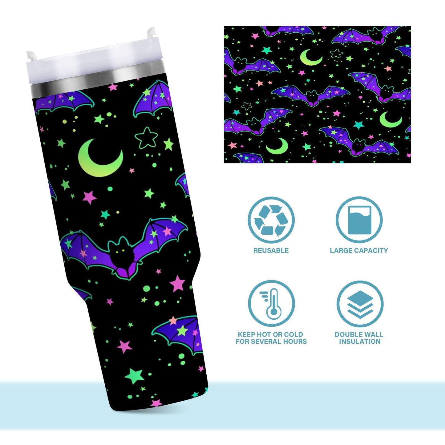 YETTASBIN Halloween Bat 40 oz Tumbler with Handle, Stainless Steel Vacuum Insulated Sports Water Bottle, Leak-proof Travel Coffee Mug Cup with Lid and Straw for Water, Iced Tea or Coffee