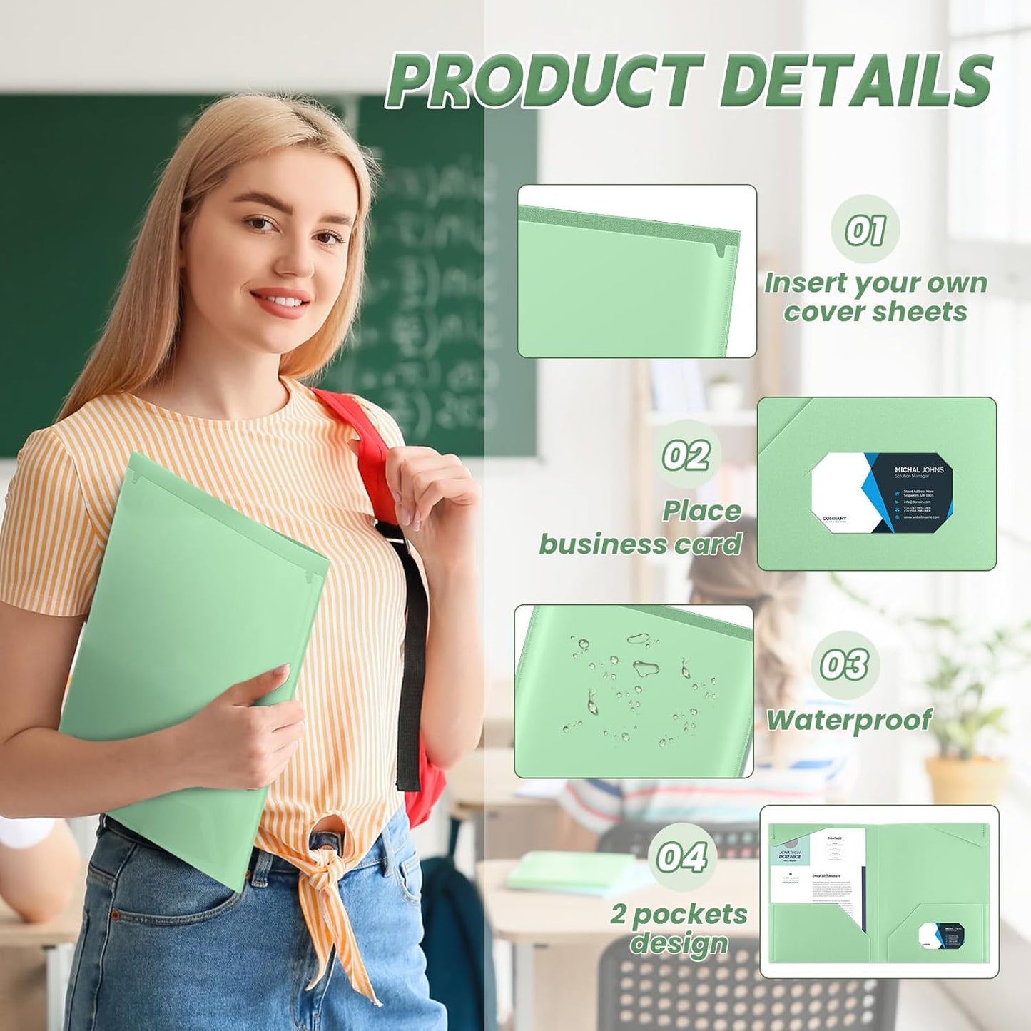 Henoyso 60 Pcs Plastic Folders with Clear Front Pockets Heavy Duty File Folders with 2 Pockets and Card Slot for Student Communication School Office Presentation Report(Light Green)