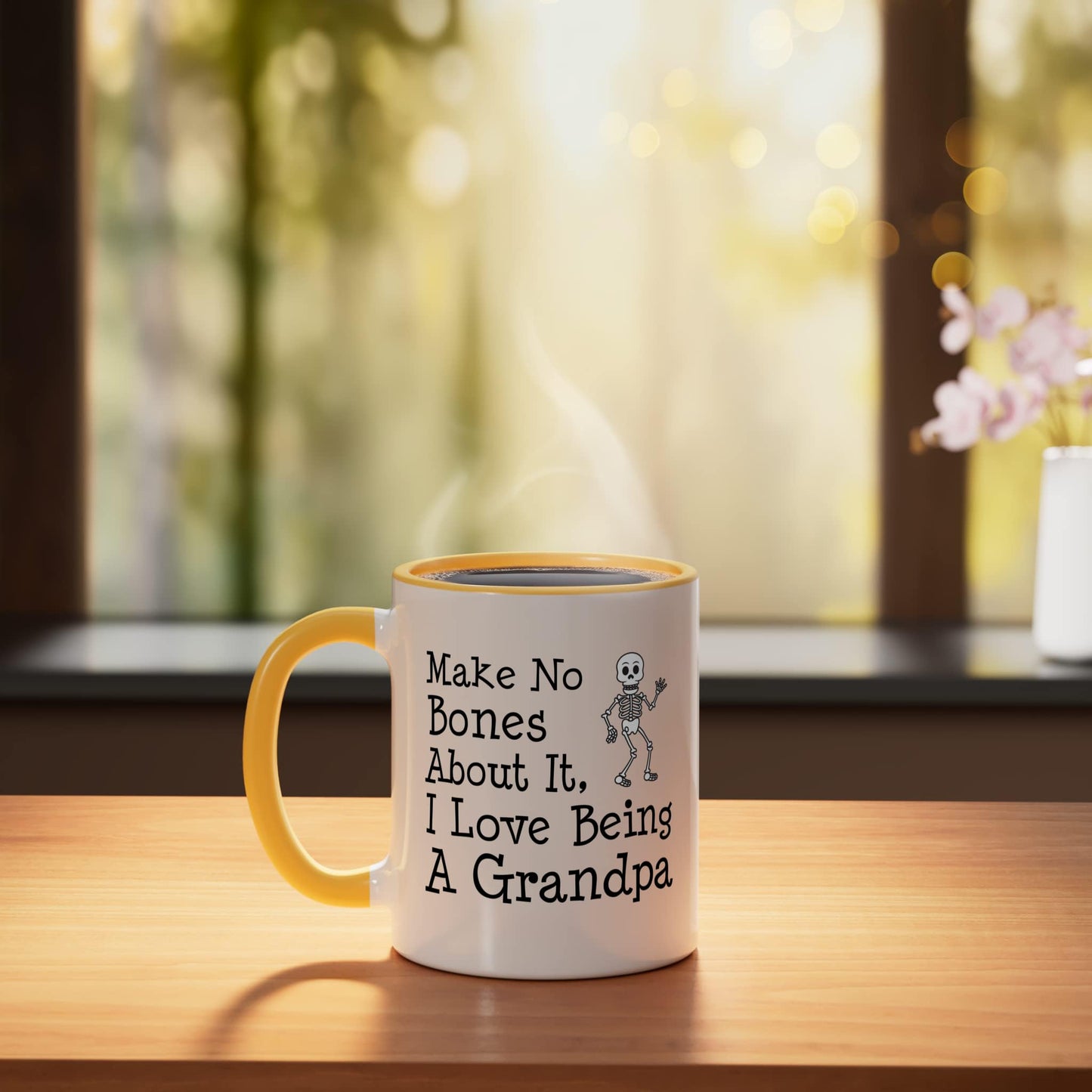 No Bones About It I Love Being A Grandpa Halloween Skeleton Ceramic Mug, Yellow/White