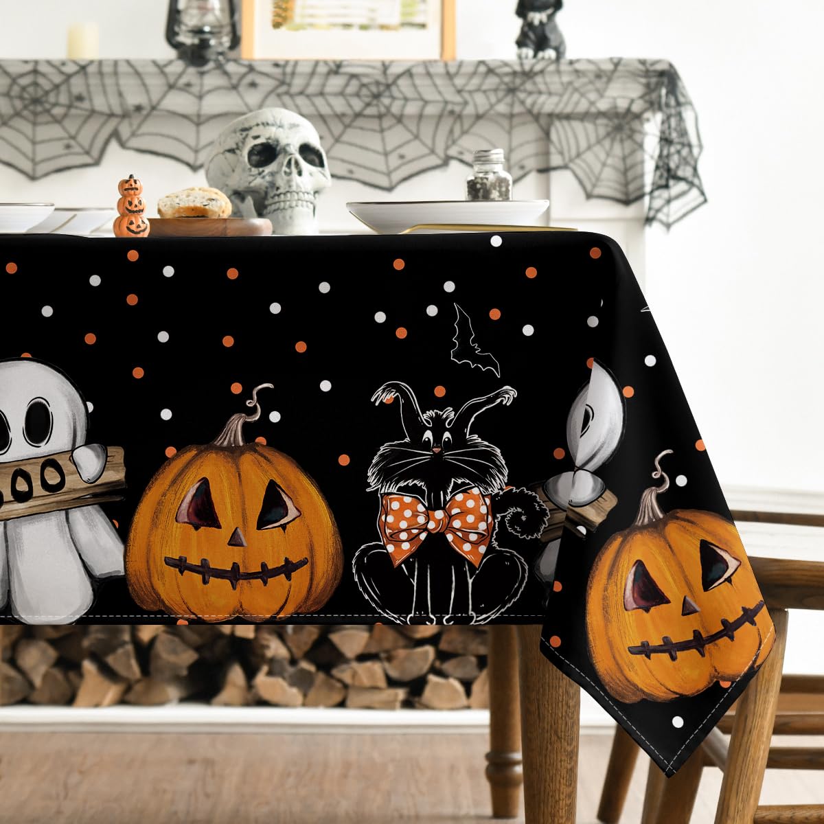 Horaldaily Halloween Tablecloth 60×60 Inch Square, Jack-O-Lantern Ghost Cat Dots Washable Table Cover for Party Picnic Dinner Decor