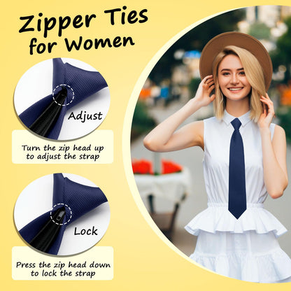 GHTIYLP Black Tie for Women Pre-tied Adjustable Womens Tie, Solid Color Zipper Ties for Women Accessory School Office Casual (Navy Blue)