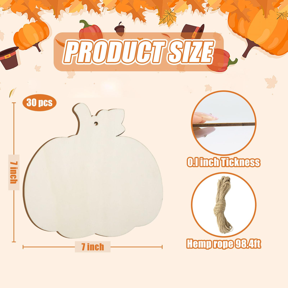 kuchisity Large Size 7" Wooden Pumpkin Cutouts 30 PCS, Unfinished Fall Wooden Ornaments DIY Blank Pumpkin Slices Crafts for Thanksgiving Halloween Party Home Decoration
