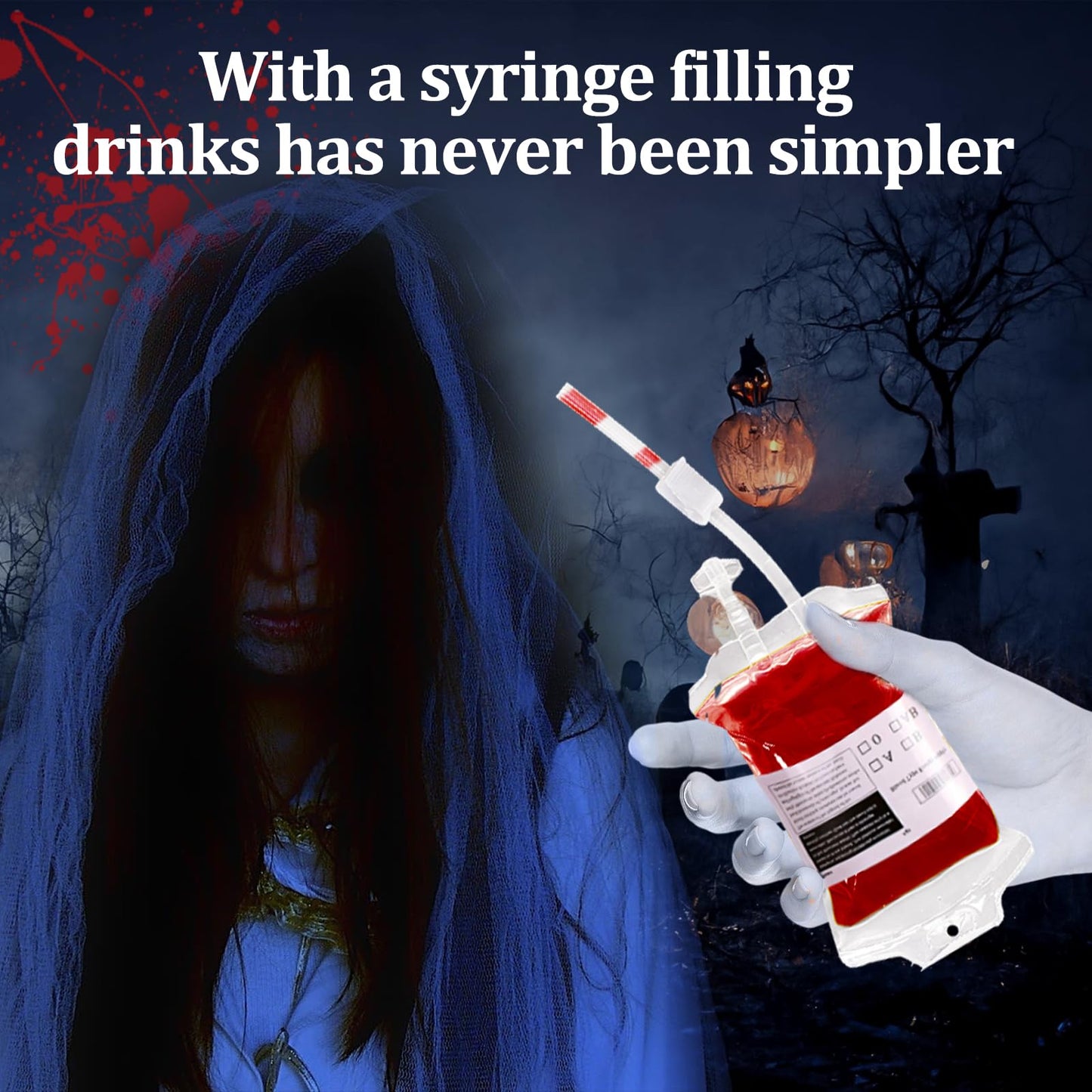 12 Pack Halloween Blood Bag Drink Containers, Reusable IV Blood Bags Pouches for Vampire Cosplay, Nurse, Medical, Horror Party Decorations, Doctor Nursing/RN Graduation, 12 Fl. Oz. Each + 2 Syringes
