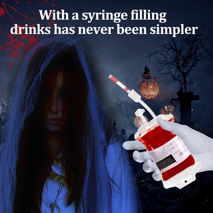 12 Pack Halloween Blood Bag Drink Containers, Reusable IV Blood Bags Pouches for Vampire Cosplay, Nurse, Medical, Horror Party Decorations, Doctor Nursing/RN Graduation, 12 Fl. Oz. Each + 2 Syringes