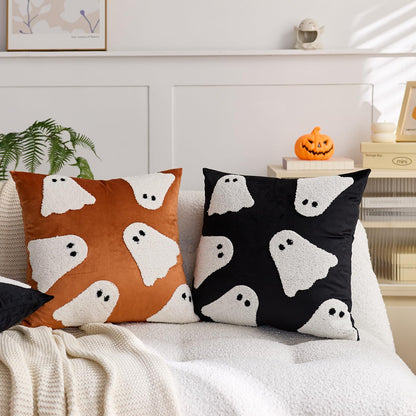 MAZSHTTD Halloween Pillow Covers 20x20 Inch Set of 2 Embroidery Ghost Throw Pillow Covers Indoor Outdoor Decorative Cushion Cases for Sofa Couch Bed Living Room Halloween Decoration Orange