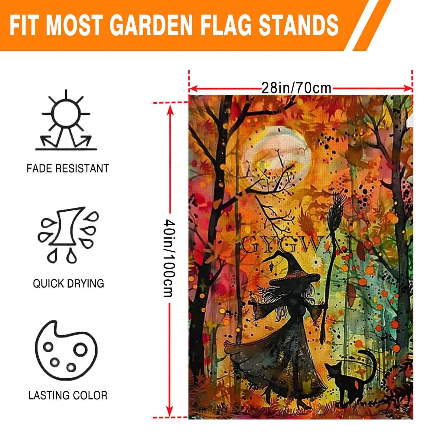 Halloween Witch Cat House Flag 28x40 Inch Double Sided Outside, Halloween Yard Flag for Fall Holiday Outdoor Decorations