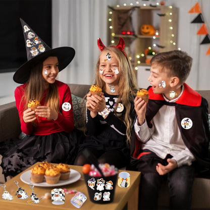 YYMYMGJ 108 PCS Halloween Ghost Party Favors, Cute Ghost Temporary Tattoos Slap Bracelets Stickers Keychains Badges for Halloween Ghost Birthday Party Decorations Supplies