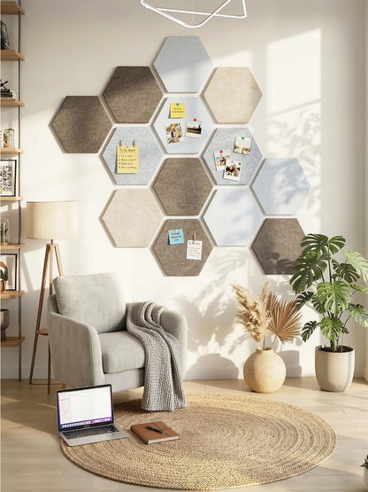 Uoisaiko 8 Pack Hexagon Felt Bulletin Board Tiles - 12" Large Thick Pin Board for Walls with 30 Push Pins, DIY Boards for Office Home School Decor, Aesthetic Hex Cork Board Alternative