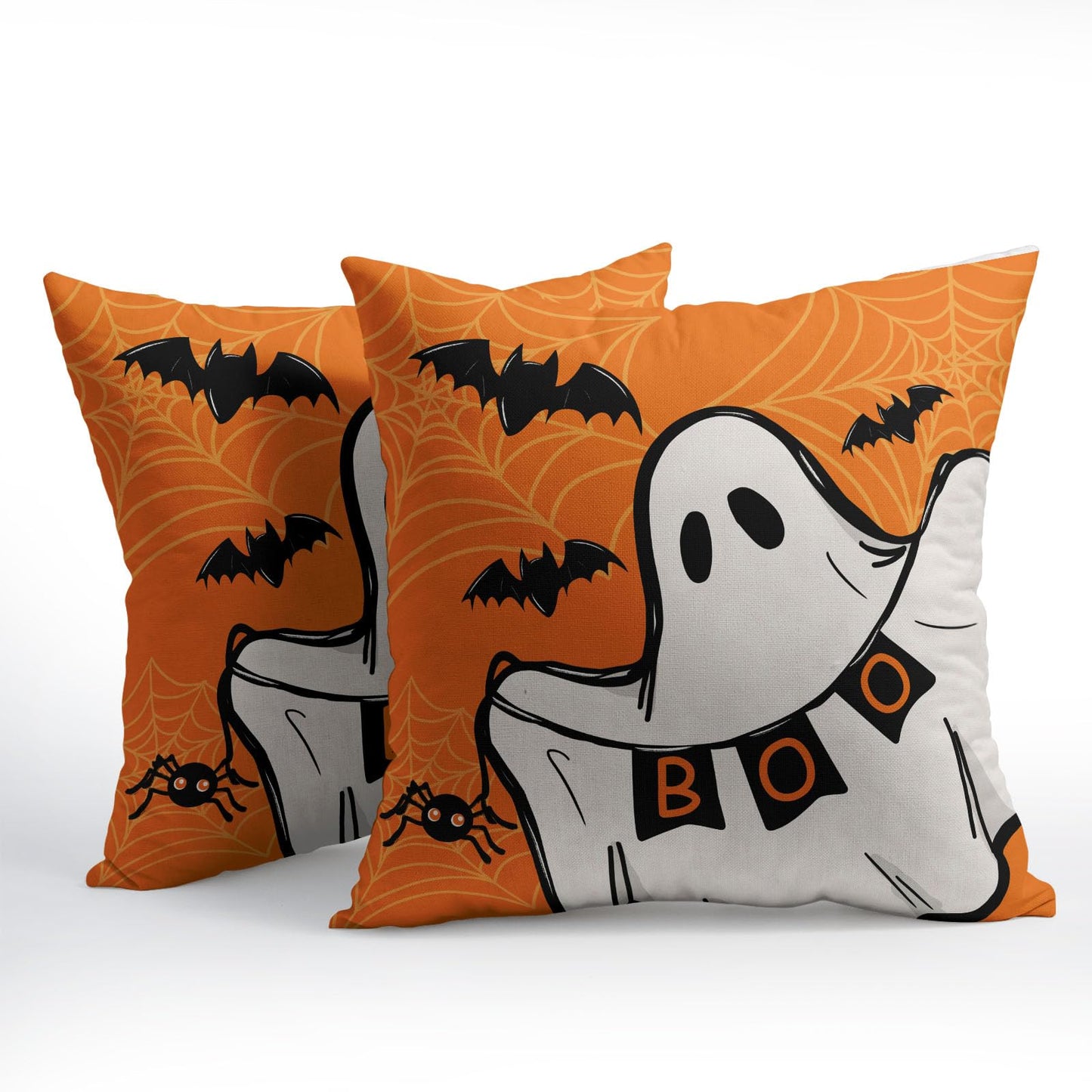 Halloween Ghost Boo Orange Throw Pillow Covers 18X18 Inches Set of 2 Spooky Bat Spider Web Pillowcase Soft Cotton Linen Square Cushion Covers for Home Sofa Bedroom