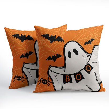 Halloween Ghost Boo Orange Throw Pillow Covers 18X18 Inches Set of 2 Spooky Bat Spider Web Pillowcase Soft Cotton Linen Square Cushion Covers for Home Sofa Bedroom