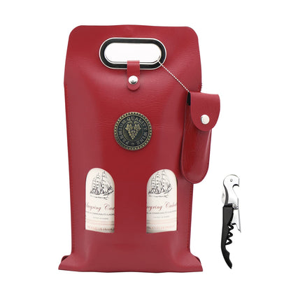 DIWNELEM Leather Wine Bag Leather Wine Gift Bags with Wine Opener Wine Tote Carrier Bag Champagne Beer Bottle Bags for Wedding, Birthday,Travel, Wine Tasting Parties,Christmas-Red 2 Bottles