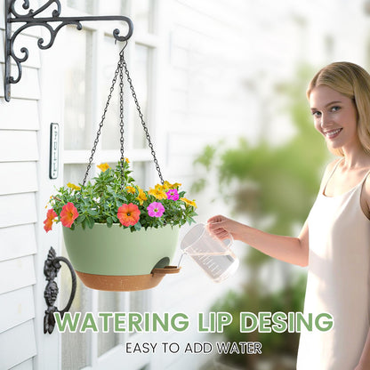 2 Pack 12 Hanging Flower Pots with Chains Self Watering Plastic Planters for Indoor Outdoor Plants, Sturdy Triangular Iron Chain Design for Garden PorchPlastic hanging flower pots (2, Green Brown)