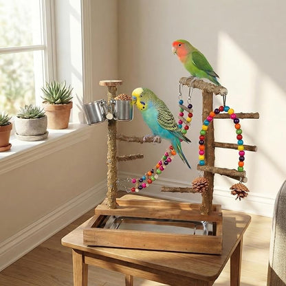 Wooden Bird Play Stand Parrots Playground Perch Stand with Bird Ladder Chewing Toys and 2 Stainless Steel Cups (Brown)