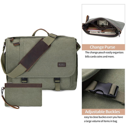 Nerlion Messenger Bag for Men 17-17.3 Inch Laptop Bag Canvas Water-resistant Computer Bag Shoulder Bag Work Briefcase Bookbag for College (Green)