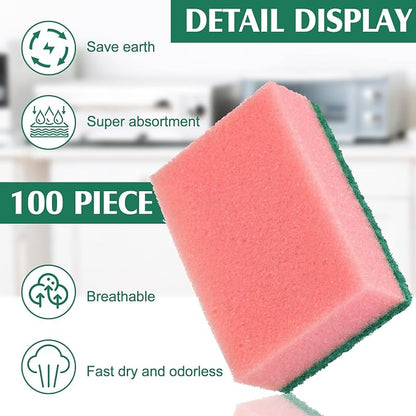 Patelai 100 Pcs Heavy Duty Sponges Kitchen Bulk Dish Sponges Scrub Sponge Abrasive Scrubber Cleaning Sponge Non Scratch Scouring Absorbent Dish for Washing Kitchen (Pink)