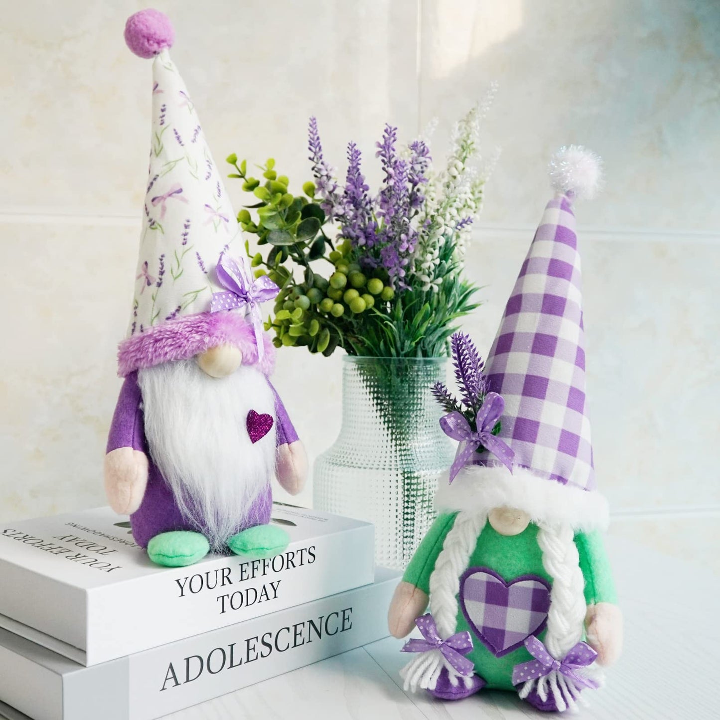 KnomeKo Spring Gnome Decor Set of 2, Lavender Gnomes with Sage Green & Purple Ribbon Bows, Plush Swedish Gnome Decorations for Home Tiered Tray Farmhouse Kitchen, Birthday Gift for Women