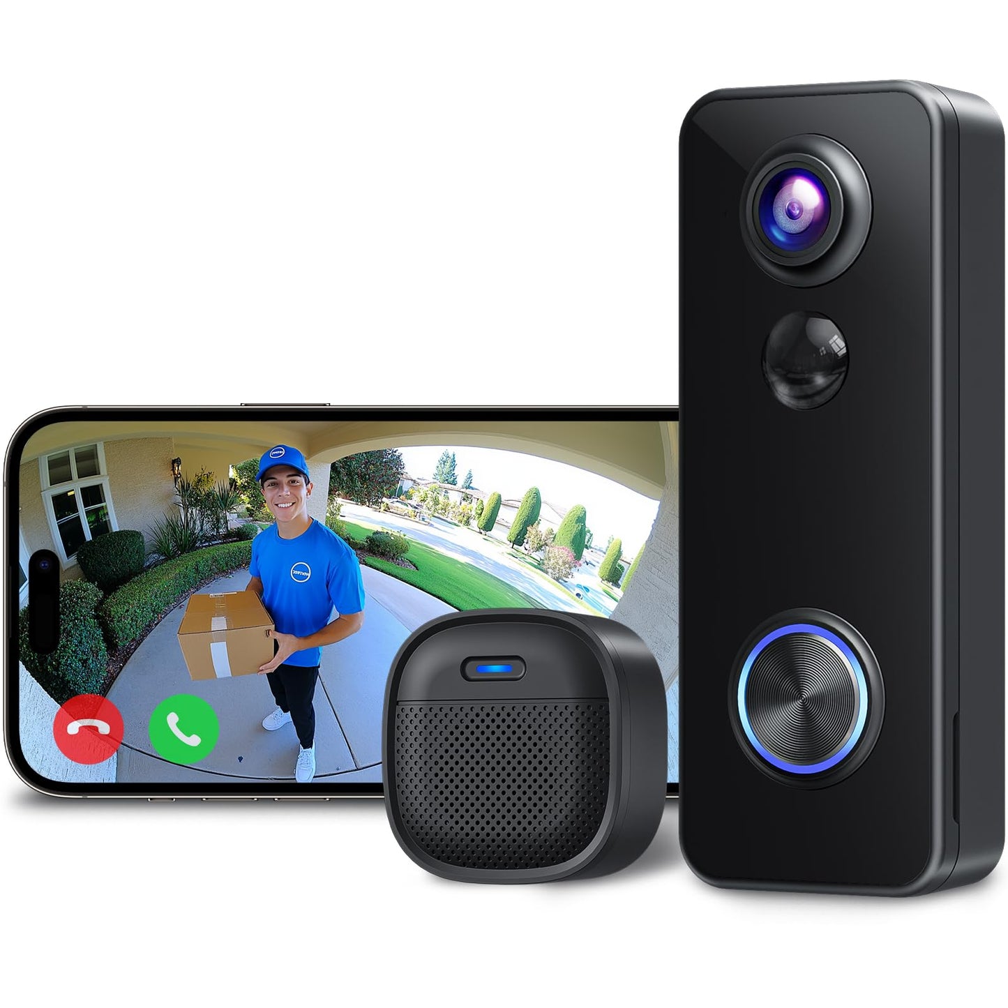 XTU Wireless Video Doorbell Camera, 180° Head-to-Toe Video, Live View with Two-Way Talk, 2.4G Wi-Fi Doorbell Camera with Chime, Local/Cloud Storage, Human Detection, Works with Alexa & Google Home