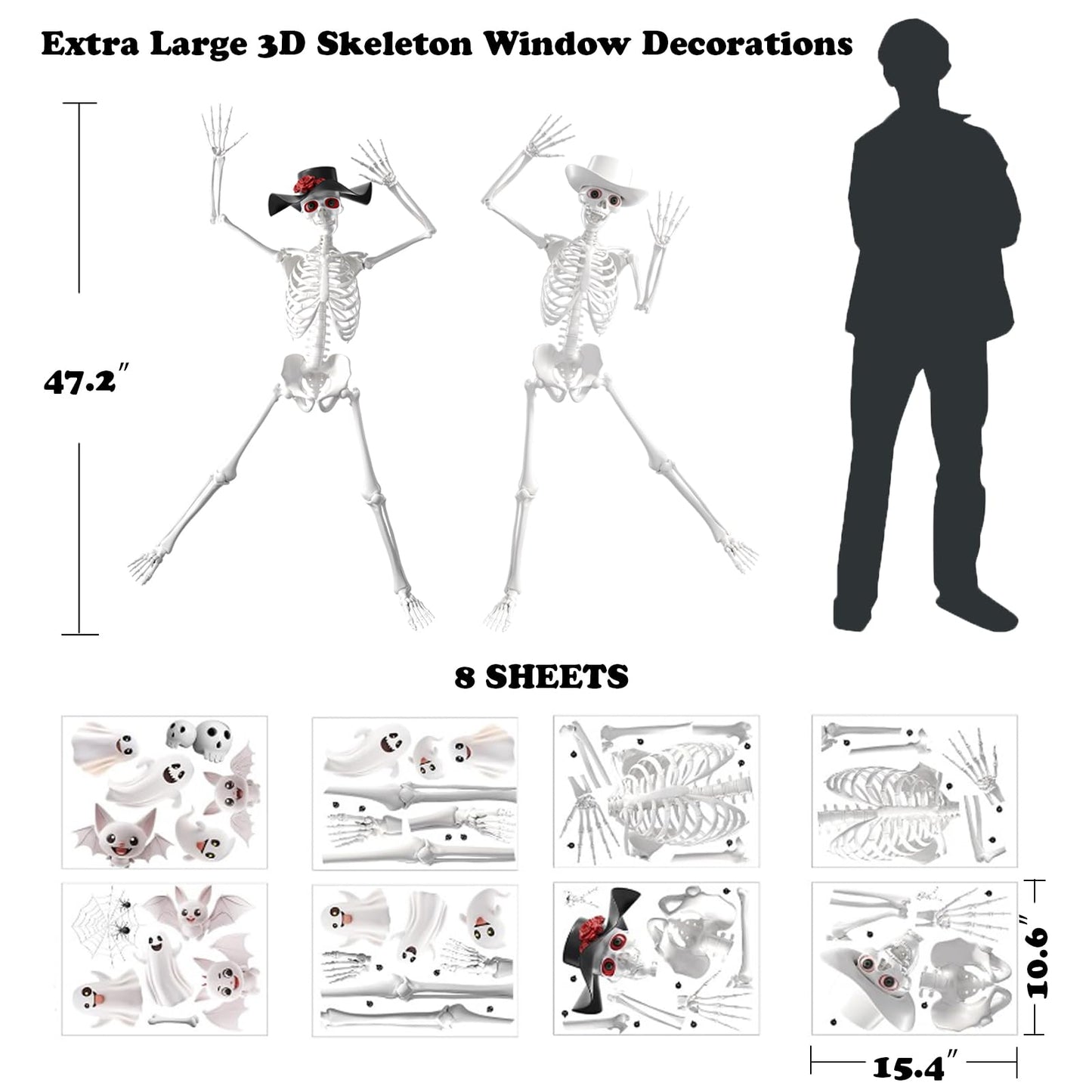 Extra Large Halloween Window Clings Decorations for Glass Window, Halloween Giant Skeleton Window Stickers for Indoor Bathroom Glass Door Decor Home Office Haunted House Party Supplies