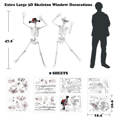 Extra Large Halloween Window Clings Decorations for Glass Window, Halloween Giant Skeleton Window Stickers for Indoor Bathroom Glass Door Decor Home Office Haunted House Party Supplies