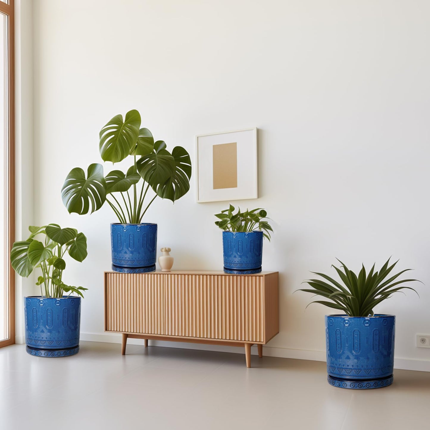 Eightpot Ceramic Planter - 8 Inch Plant Pot Indoor with Drainage Holes and Saucer Round Planter Outdoor Mid-Century Modern Flower Pot Succulent Pot for Home Decor Blue