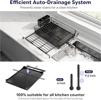 Simple Trending Dish Rack - Expandable Dish Drying Rack for Kitchen Counter, Large Capacity Dish Drainers, Stainless Steel Dish Strainer with Utensil & Cup Holders, Black