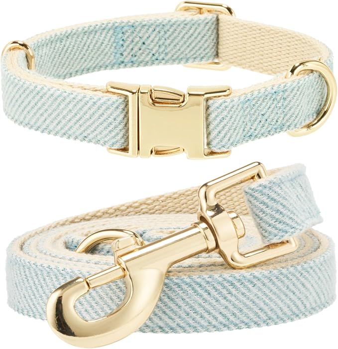 Luxury Soft Cotton Tweed Fabric Dog Collar & Leash Set with Gold Buckle – Durable Fabric, Stylish Design for Everyday Walks(Medium LtBlue)
