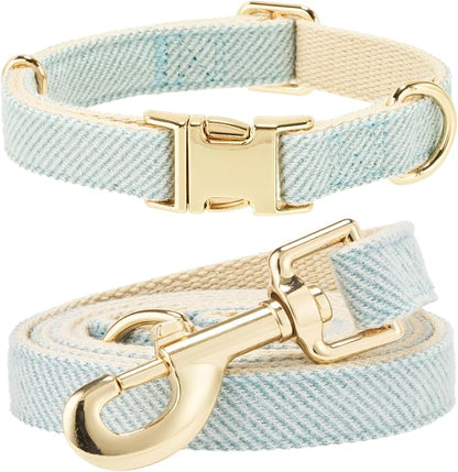 Luxury Soft Cotton Tweed Fabric Dog Collar & Leash Set with Gold Buckle – Durable Fabric, Stylish Design for Everyday Walks(Medium LtBlue)