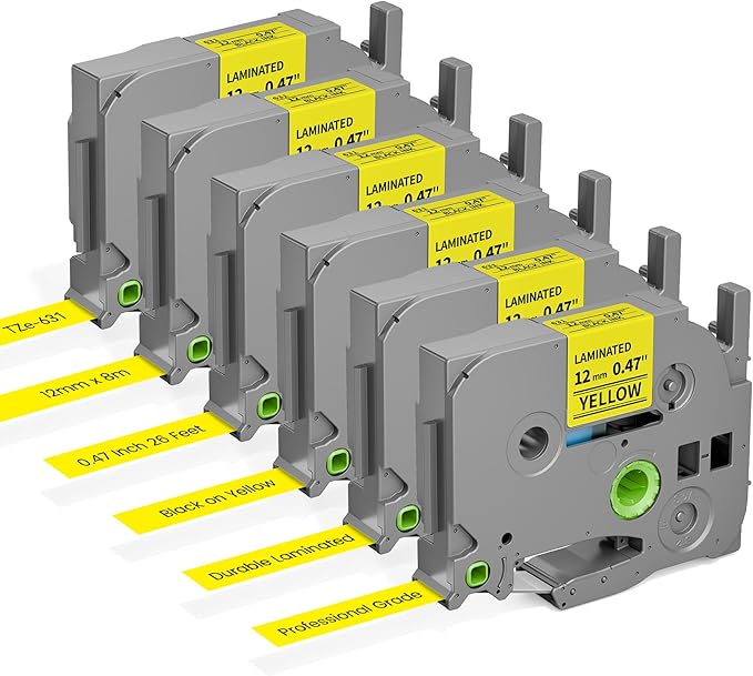 Freshworld 6-Pack TZe-631 Replace for Brother Label Maker Tape 12mm Yellow Laminated Compatible with Brother P-Touch Label Tape 1/2 inch Yellow Refill TZe631 for PTD210 D220 H110 H111 D410 610BT Cube