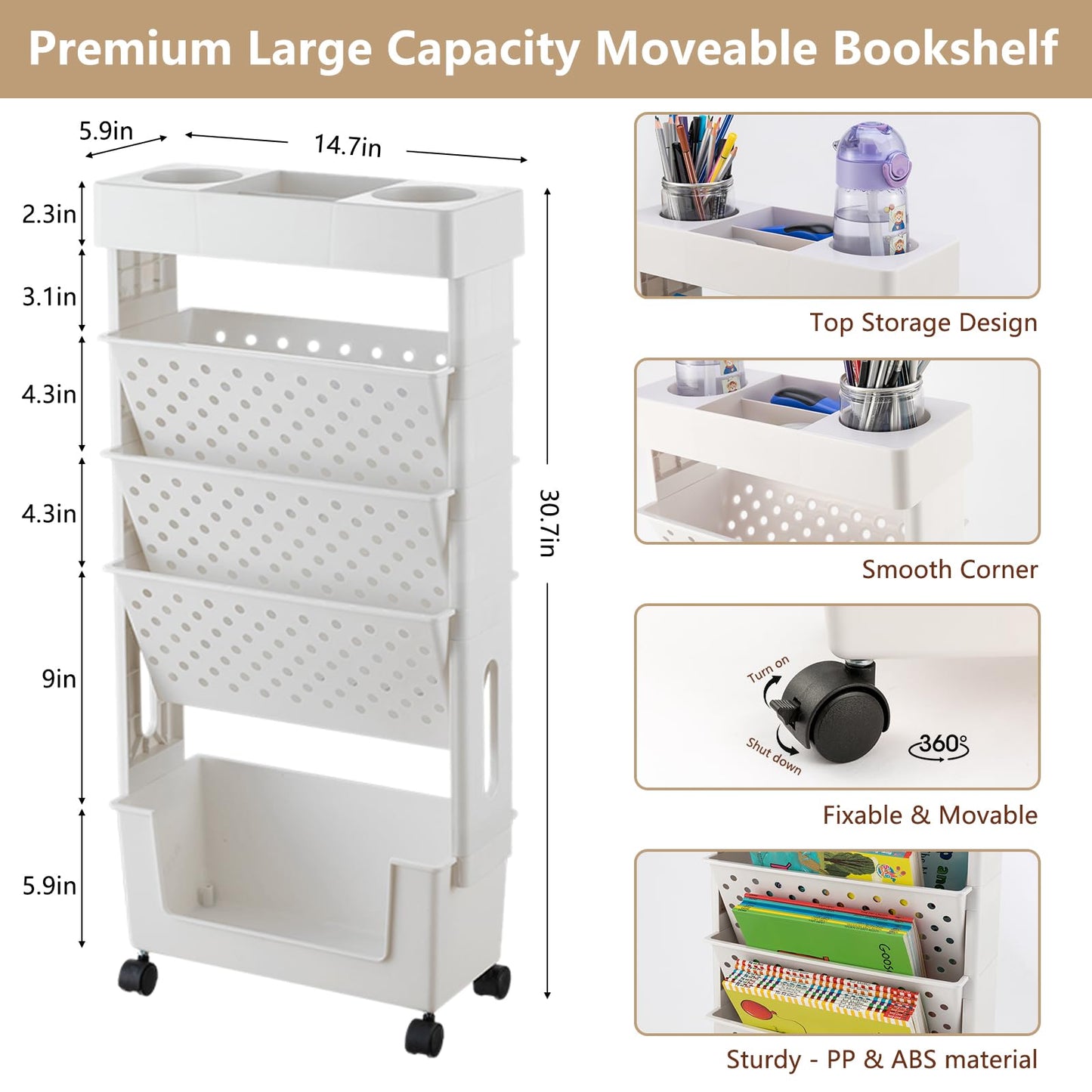 CINPIUK White Rolling Office Paper Organizer, Mobile Book Cart Document Folder File Storage with Pen Holder, Slim Rolling Storage Cart Movable Bookshelf for Office, Dorm, Classroom, Nursery