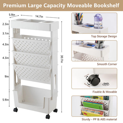 CINPIUK White Rolling Office Paper Organizer, Mobile Book Cart Document Folder File Storage with Pen Holder, Slim Rolling Storage Cart Movable Bookshelf for Office, Dorm, Classroom, Nursery