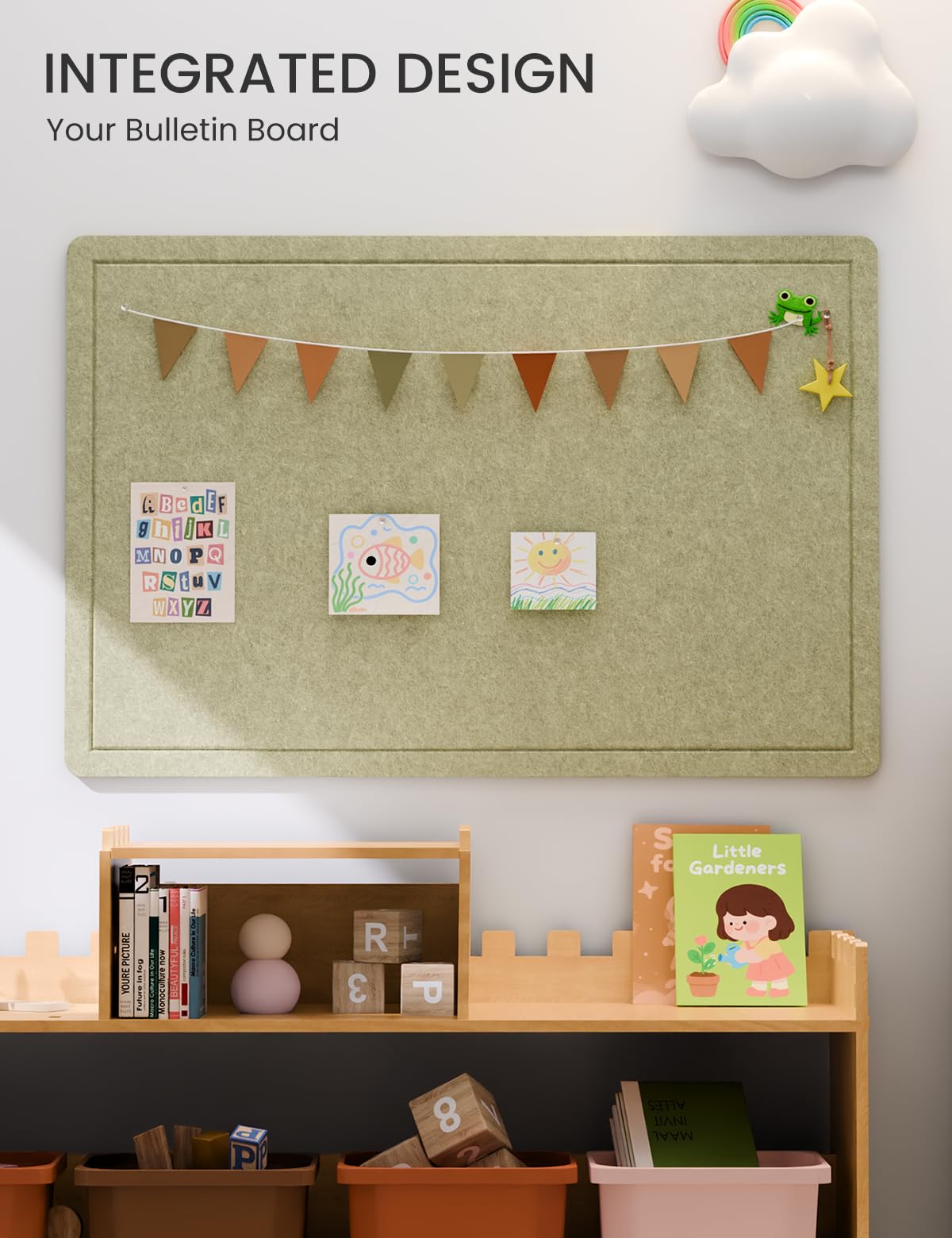 Fluxynara Bulletin Board,35.4" x 23.6" Cork Board Alternative with 12 Safe Removable Adhesive Tabs, Foldable Felt Pin Board for Home Office, Classroom, Bedroom,Entryway for Walls—Olive Green