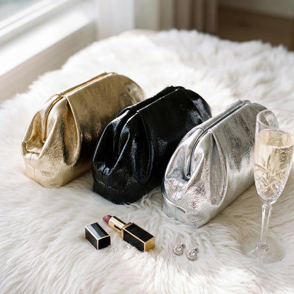 MXCMXC Elegant Evening Purse Cloud Pouch Bag for Women, Metallic Leather Ruched Clutch Dumpling Handbag for Wedding Party (Silver)
