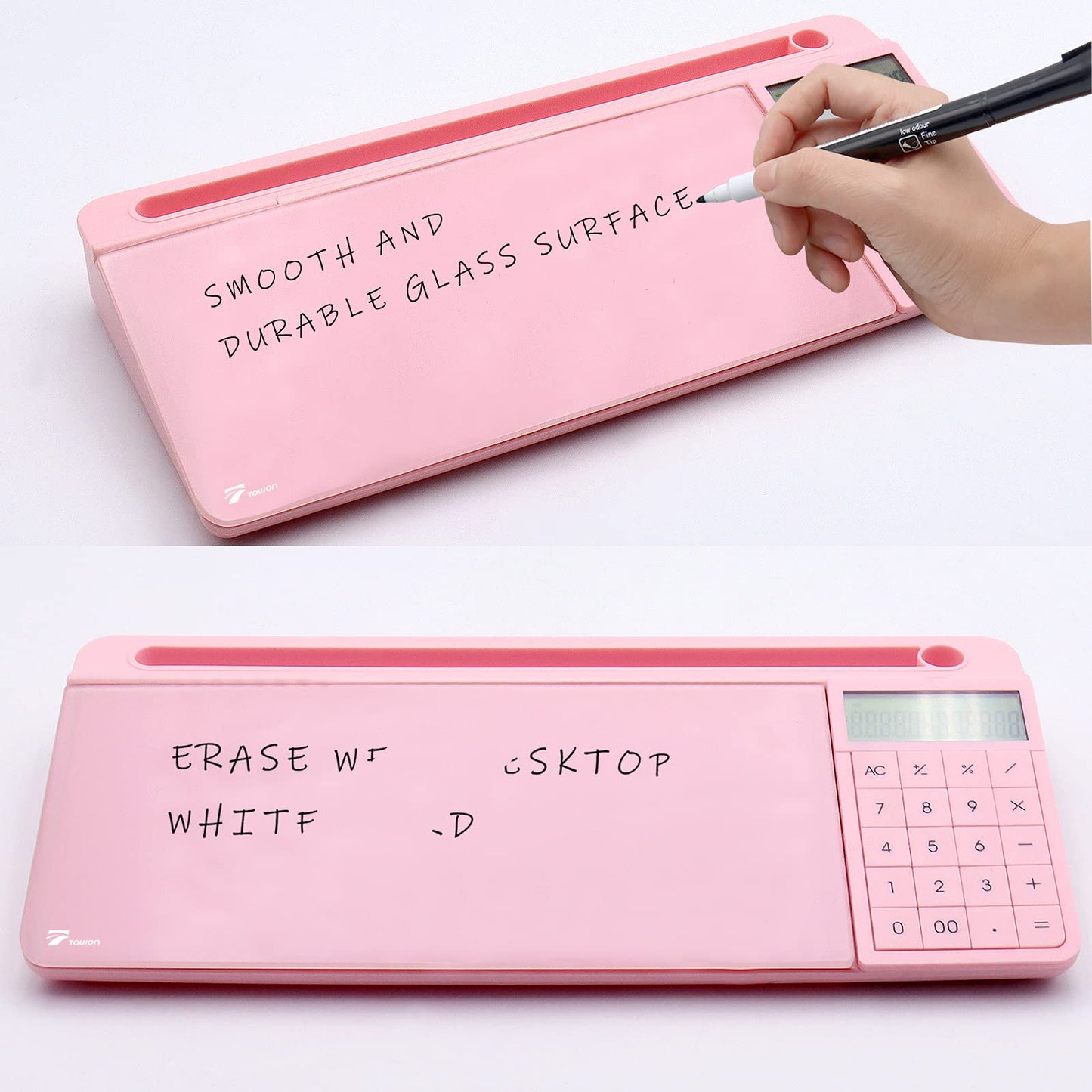 TOWON Desk Dry Erase Board with Detachable Calculator, Small Glass Desktop Whiteboard, Desktop whiteboard - Glass Dry Erase White Board- Desk Computer Buddy for Home Office Supply, Pink, 17 x 6 in
