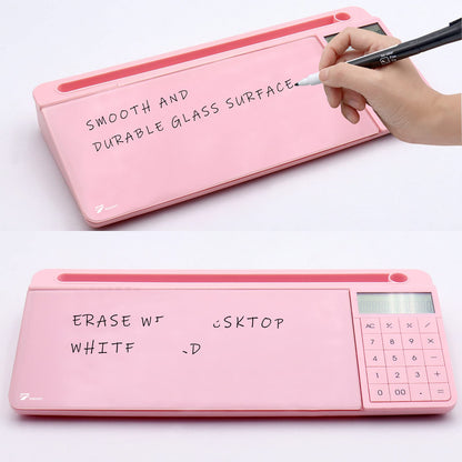 TOWON Desk Dry Erase Board with Detachable Calculator, Small Glass Desktop Whiteboard, Desktop whiteboard - Glass Dry Erase White Board- Desk Computer Buddy for Home Office Supply, Pink, 17 x 6 in