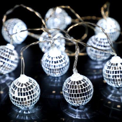 BBTO LED Disco Ball String Lights, 10 Pcs, 2 Inch, Battery Powered, Silver, Model BBTO-Decorations-2674, 70s 80s 90s