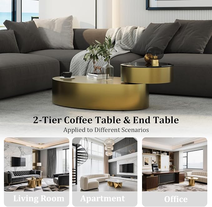 Oval Rotating Coffee Table with Tempered Glass Top, 2-Tier Design & 360° Swivel Base, Brushed Gold Finish - Modern Center Table for Living Room, Office, Apartment