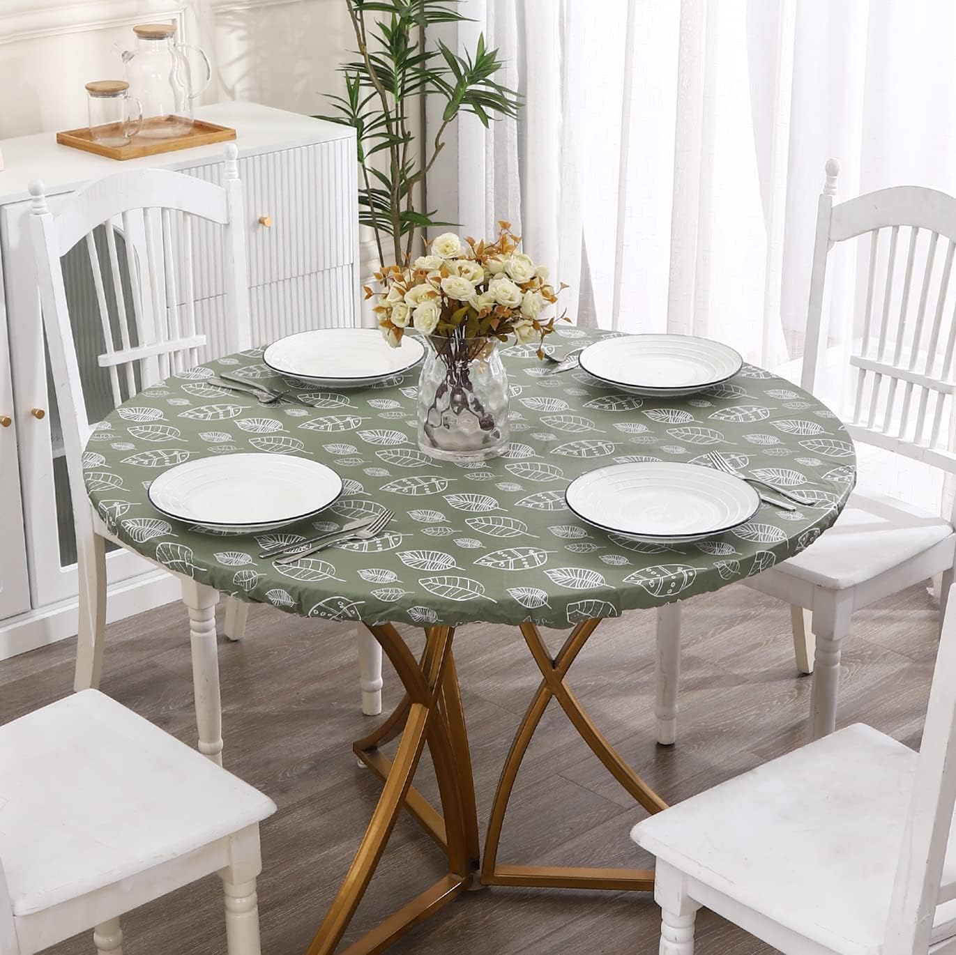WALRUS Round Vinyl Fitted Tablecloth with Flannel Backing Elastic Edge Design Table Cover Waterproof Oil-Proof PVC Table Cloth Stain-Resistant Wipeable for Round Table, Round Tablecloth
