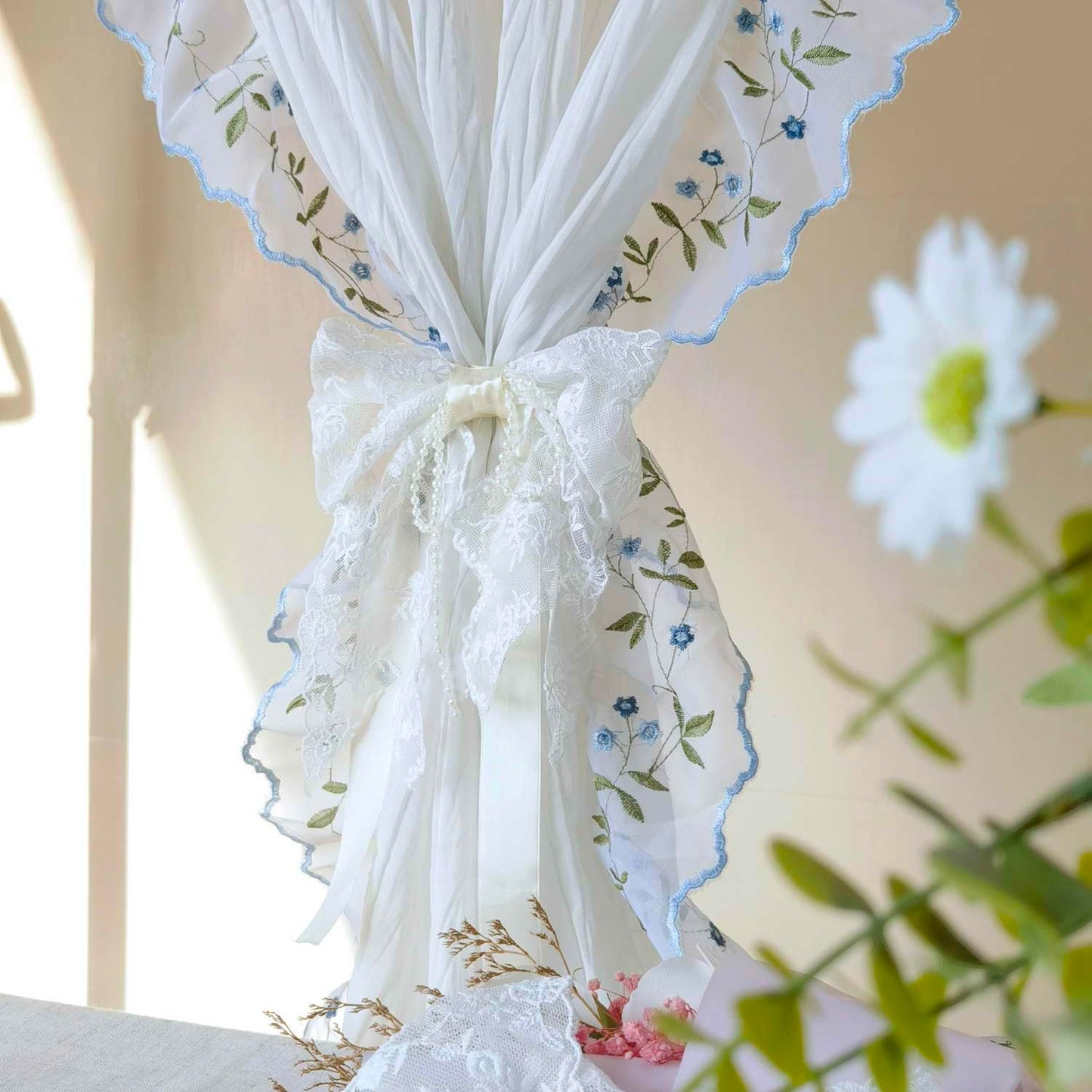 Bow Lace Curtain Tiebacks for Living Room Kids Room Punch Free Sheer Curtain Holdback Rope for Girls Room ThinCurtain Drapes Window Treatments Curtain Tiebacks 1 Pair (Ivory)