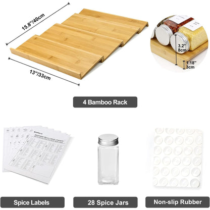KitHero Spice Drawer Organizer with 28 Spice Jars and 216 Labels,Non-slip Rubber, Bamboo 4 Tier Spice Racks Tray Seasoning Containers for Kitchen Drawers,Cabinets,Countertops,13" Wide * 15.8" Deep