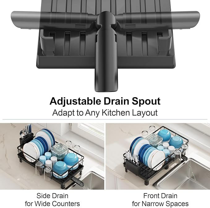 GSlife Expandable Dish Drying Rack - Countertop Drainer, 12-20.5", Black | Compact Extendable Design, Swivel Drain Spout, Cup and Utensil Holder, for Small Kitchen, RV, Countertop Dish Drainer Tray