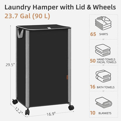 STORAGE MANIAC Rolling Laundry Hamper with Lid, 23.7 Gal (90 L) Large Tall Laundry Basket with Wheels & Handles, Aesthetic Dirty Clothes Hamper for Small Space, Dorm, Apartment, College, Black