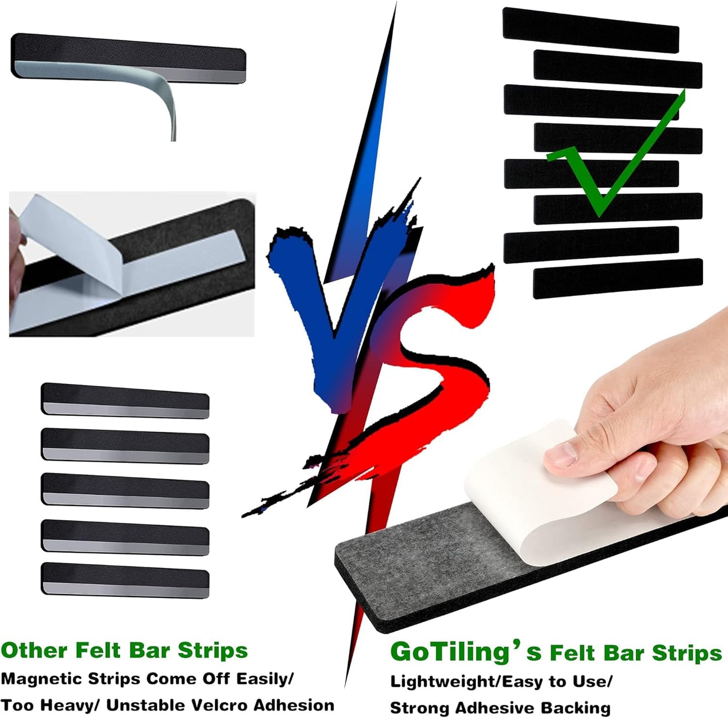 GoTiling Cork Board for Walls - 8 Pack Felt Pin Board Bar Strips - Self-Adhesive Lightweight Bulletin Board - Cork Board for Office with 40 Push Pins No Damage for Wall (Black)