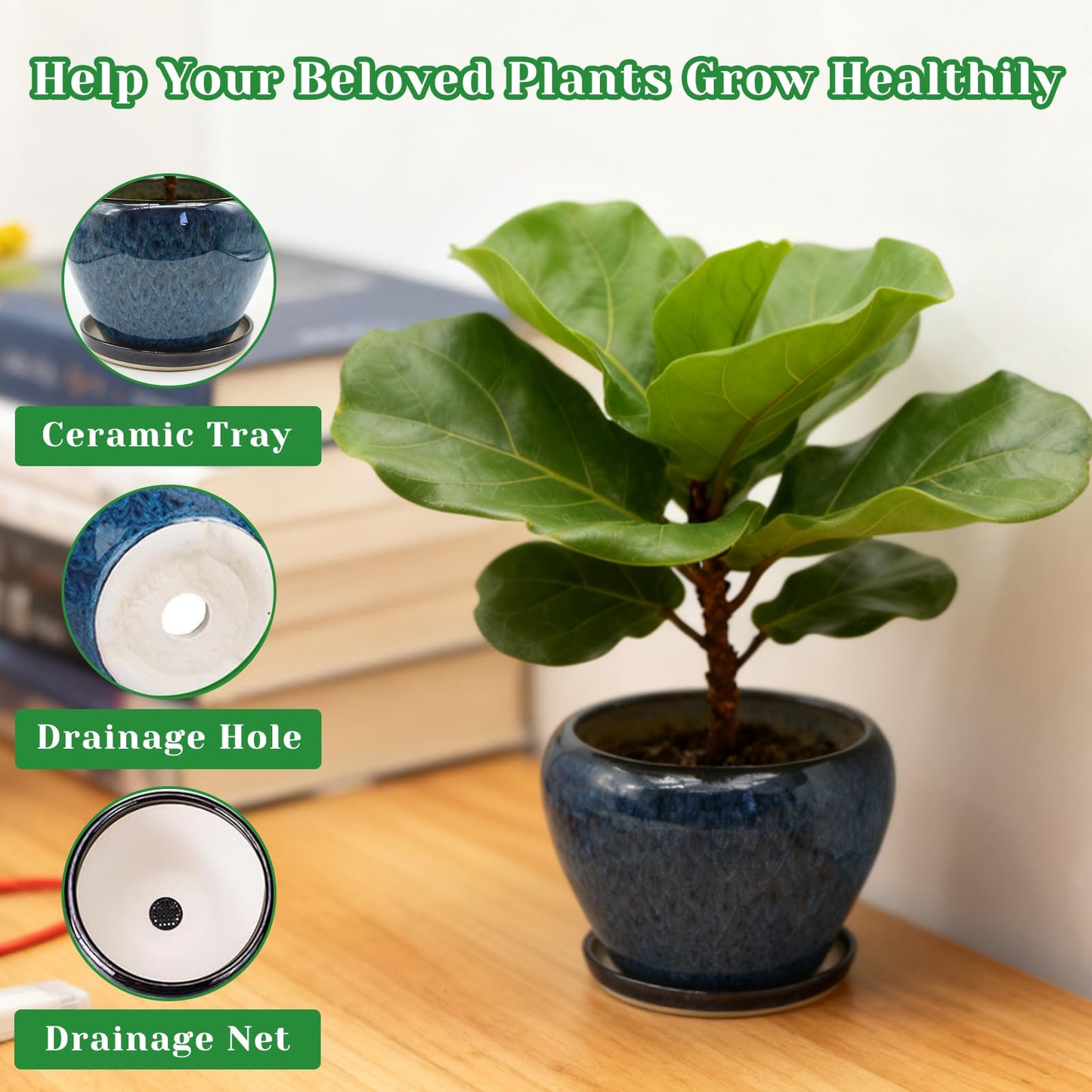 MAGP 10 Inch Large Plant Pots with Drainage Hole and Saucer, Large Ceramic Decorative Flower Pot for Plants Indoor Outdoor Planter, Round Blue