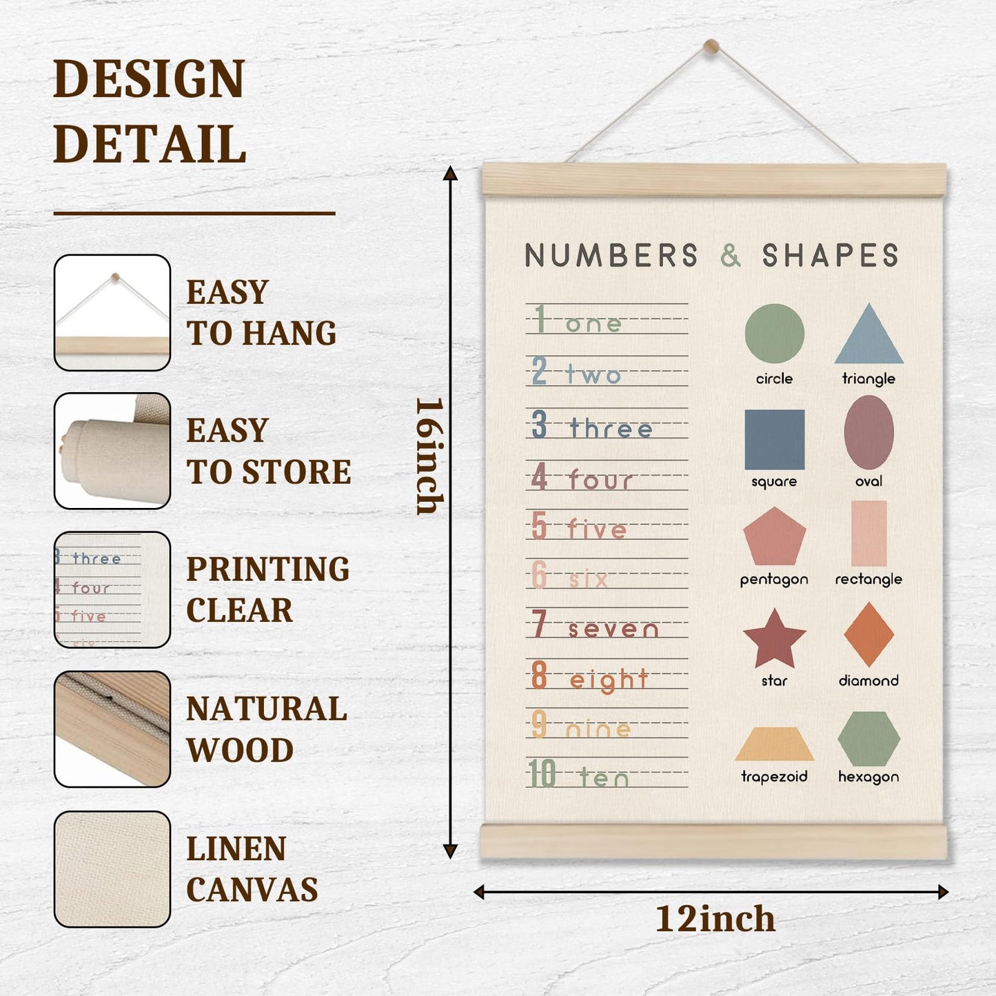 DOI-LANEE Number Chart Poster Hanger Frame 16x12 Inch, Educational Montessori Posters for Toddler Kids, Preschool Classroom, Boho Classroom Decor, Number and Shape Learning Wall Art, Homeschool Decor