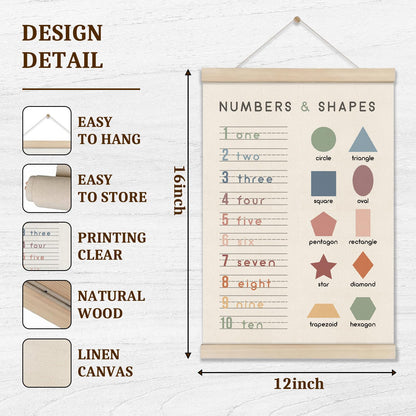 DOI-LANEE Number Chart Poster Hanger Frame 16x12 Inch, Educational Montessori Posters for Toddler Kids, Preschool Classroom, Boho Classroom Decor, Number and Shape Learning Wall Art, Homeschool Decor