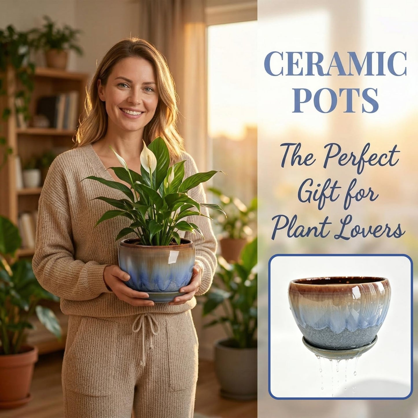 AVLA 3 Pack Ceramic Plant Pots, Gardening Drip Glazed Planters, Decorative Flower Pot with Drainage Hole and Saucer, Round Rustic Houseplant Container for Succulent Herbs Cactus Orchid, Home Office