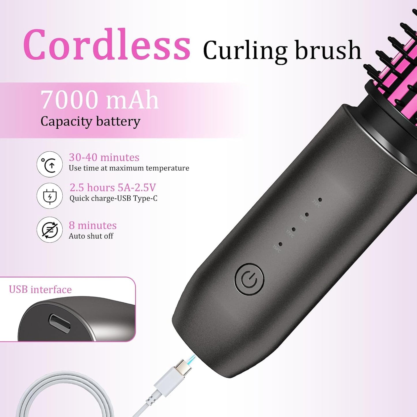 Cordless Hair Curling Iron Brush, Travel Curl Brush, 3-in-1 Portable Curling Iron Cordless, Plasma Thermal Hair Brush, 7000mAh USB Rechargeable Curlings Wand, Mini Hot Curlings Brush-Blush Pink