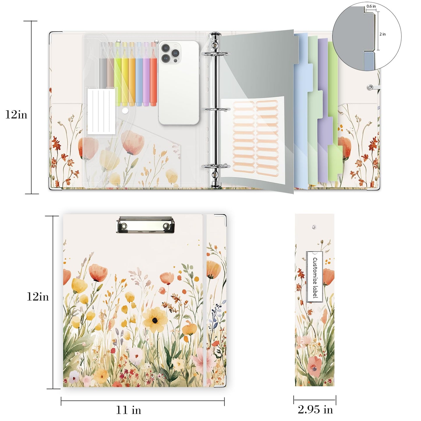 3 Ring Binder 2 Inch for 8.5"x11" Paper, Three Ring Binders with Clipboard, 5 Dividers with Tabs and Pockets, Decorative Binder with Pen Holder,Weed